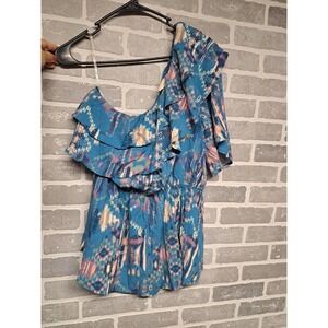 Savanna Jane‎ Aztec Western Ruffle Print Blue Blouse One Shoulder Size 2XL  NWT